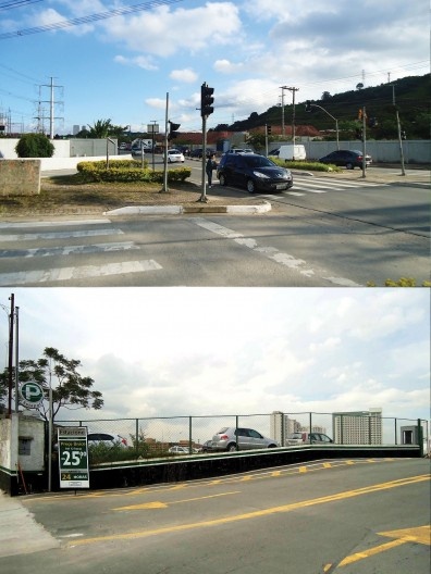Desembarque de passageiro de veículo particular na Av. Guido Caloi, em cima da faixa de pedestres. Na segunda imagem, demonstra-se que há espaço para a construção de um estacionamento integrado com a rede metroferroviária