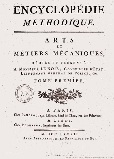 Página de rosto da Encyclopédie Méthodique, volume 1, de Quatremère de Quincy, 1782