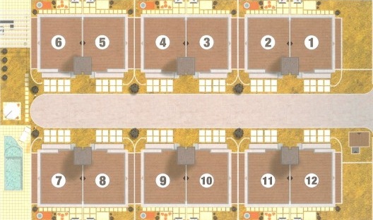 Condomínio Paineiras House: planta baixa do conjunto pertencente ao material de propaganda do empreendimento. Ressaltadas algumas diferenças, esta solução de implantação pode ser comparada com a de empreendimentos voltados à habitação operária do início d