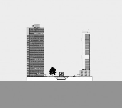 Av. Ipiranga e Arroio Dilúvio – Via Universitária, Perfis transversais e longitudinais da Via Universitária ilustrando proporção do gabarito da avenida com edifícios de até setenta metros de altura, Moacyr Moojen Marques e Sergio Moacir Marques.