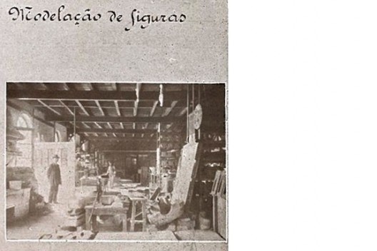 Fotografia do catálogo de 1910 da Fábrica de Cerâmica das Devesas, com imagem da Oficina de modelação das figuras