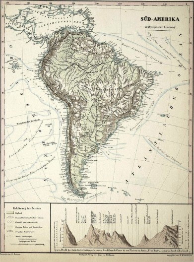 Mapa da América do Sul, desenhado por Humboldt e publicado no seu tratado, Kosmos, 1807