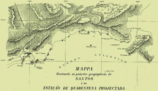 Carta da cidade de Santos mostrando as casas, as divisões de propriedades, as linhas de bonde e os calçamentos