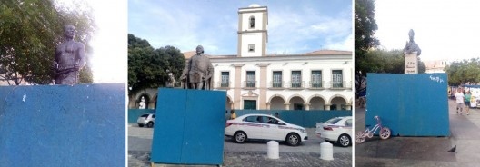 Da esquerda para a direita, os monumentos a Zumbi dos Palmares, Thomé de Souza e Pero Sardinha, todos localizados no Centro Histórico de Salvador e protegidos com tapumes