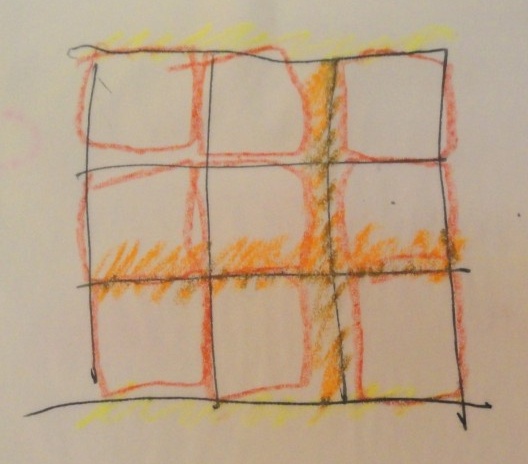 Croquis de Jullian de um modulo de 9 partes nas quais trabalha a disposição das unidades no bloco de habitação