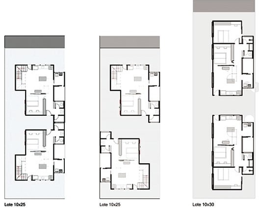 Implantação em pequenos lotes: duas unidades de 98 m²