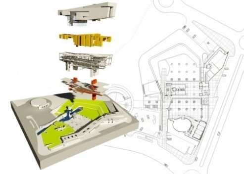 Concurso Internacional para Projeto Arquitetônico do Museu Exploratório de Ciências da Unicamp, esquema volumétrico, 3º colocado. Arquiteto Erik W. Lewitt, 2009