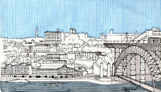 O Porto: vista do Cais da Ribeira no rio Douro a partir da Vila Nova de Gaia, com a Ponte Dom Luís I à direita