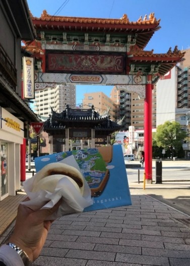 Kakuni manjū no bairro chinês de Shinchi em Nagasaki, Japão