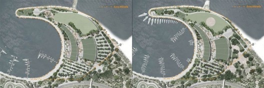 A esquerda, o projeto apresentado em 2012. A direita, o projeto, em 2013, incorpora a área de piqueniques