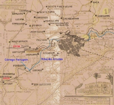 Detalhe de mapa do município de Belo Horizonte do ano de 1922. Os pontos em preto fazem referência às ocupações e as linhas em negrito, ao sistema ferroviário