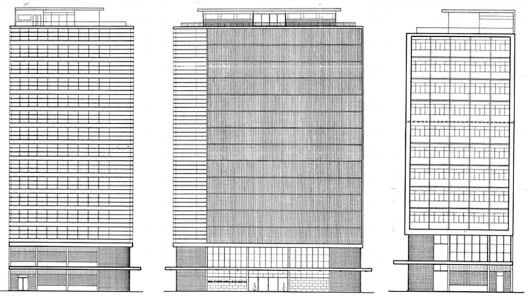 Edifício Rural Bank: da esquerda para a direita — fachada para a avenida Jerônimo Monteira; fachada para a praça Oito de Setembro; fachada para a avenida Governador Bley, Vitória ES
