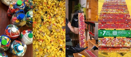 Produção de mobiliário a partir de resíduos coletados na comunidade: tampinhas plásticas; material triturado; processo de produção de ripas no laboratório de prototipação da Cidade Quintal e mobiliário instalado ao lado do Farol do São Benedito