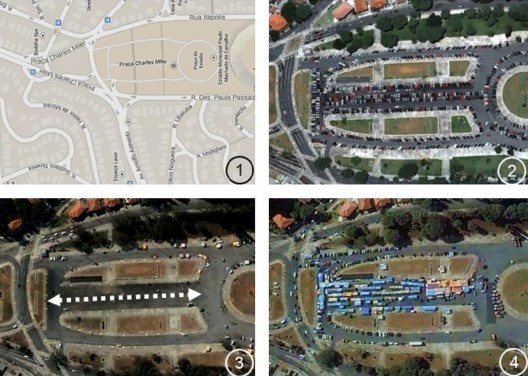 Mapa de localização; 02. Praça Charles Miller; 03. Veículos impedidos de acessar; suspensão dos usos habituais do espaço; estado de latência; configuração permanente sugere configuração espacial da feira; 04. Feira implantada em disposição linear