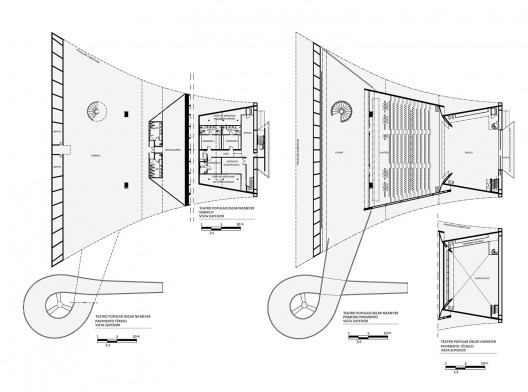 Plantas esquemáticas de Oscar Niemeyer para o Teatro Popular Oscar Niemeyer, Niterói RJ