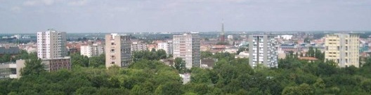 Vista aérea do Hansaviertel, com as torres em primeiro plano