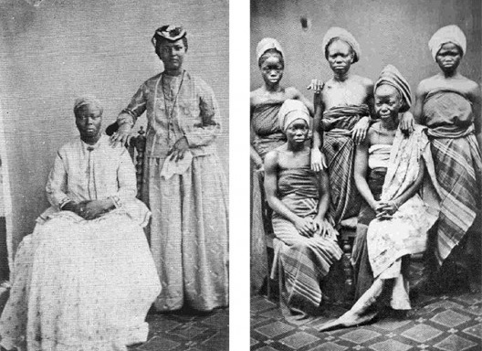 Mulheres da comunidade brasileira de Lagos e mulheres iorubás da mesma época. Fonte: Société de Missions Africaines, Roma