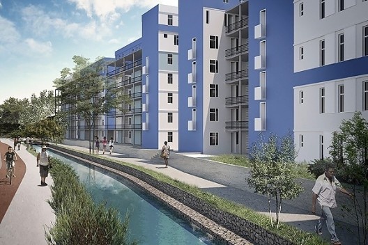 Reurbanização da favela do Sapé, perspectiva do conjunto A-01, Rio Pequeno, São Paulo, 2014. Base 3 Arquitetos, arquitetos Marina Grinover, Catherine Otondo e Jorge Pessoa