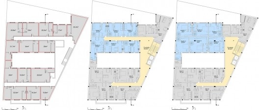 Planta original (esquerda) e plantas-tipo propostas (centro e direita)