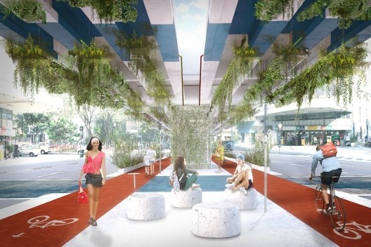 A marquise do Minhocão, perspectiva da parte inferior, São Paulo, 2016. Triptyque Architecture + Guil Blanche