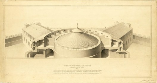 Projeto de concurso para a construção de uma prisão central em Alessandria (Piémont), corte perspectivado. Henri Labrouste, 1839