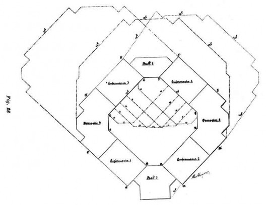 Diagrama de insolação e projeção de sombras em dois momentos (ALBUQUERQUE, 1916) - Diagrama apresentado em meados dos anos 1910, em estudo de Alexandre de Albuquerque para hospital em São Paulo