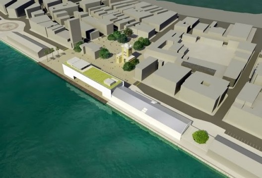 Projeto do Cais do Sertão Luiz Gonzaga. (Escritório Brasil Arquitetura). Ao lado do novo edifício, a reprodução caricatural e mimética do armazém portuário-tipo no antigo Pátio do Moinho