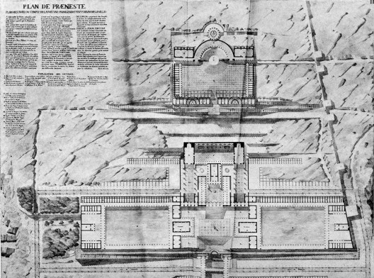 Jean-Nicolas Huyot, Templo de Fortuna, Praeneste, reconstrução, 1811. Os melhores estudantes da Belas Artes francesa eram enviados a Itália para reconstruir graficamente os monumentos da antiguidade clássica.