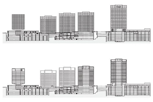 Centro Empresarial Itaú, elevação e corte longitudinal do conjunto. Itauplan e Aflalo & Gasperini