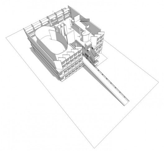 Associação da Indústria Têxtil, vista axonométrica do segundo pavimento, Ahmedabad, Gujarat, Índia, 1954. Arquiteto Le Corbusier