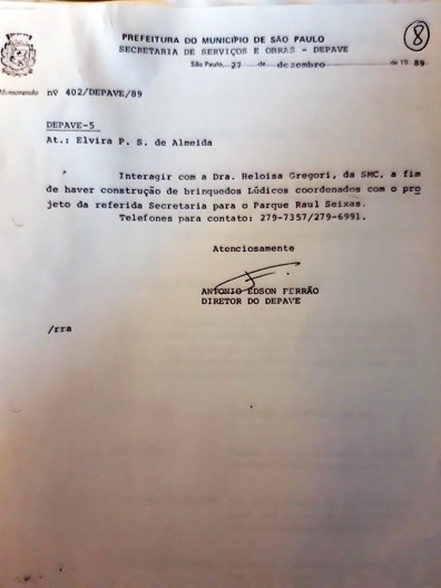 Memorando n. 402-Depave-89. Trata da interação entre SMC e a arquiteta Elvira de Almeida para execução de brinquedos lúdicos no Parque Raul Seixas, Itaquera