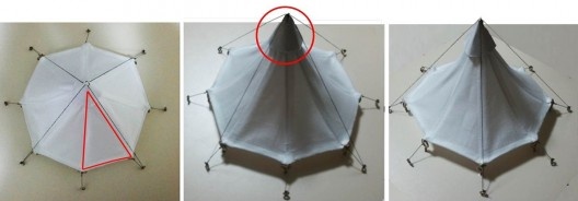 Em planta, esquema de como foi gerada cada parte do pano; em perspectiva, detalhes do cone colocado na parte superior da estrutura