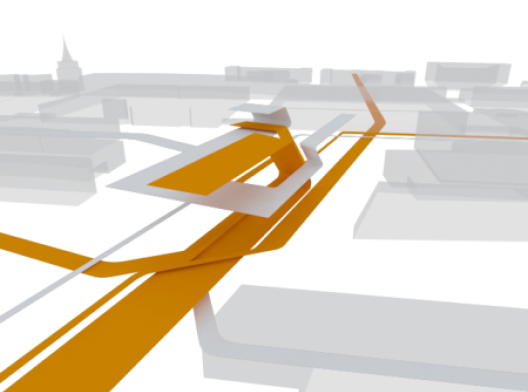 Biblioteca e Centro de Aprendizagem, Universidade de Economia e Negógios de Viena, esquema de fluxos. Zaha Hadid Architects