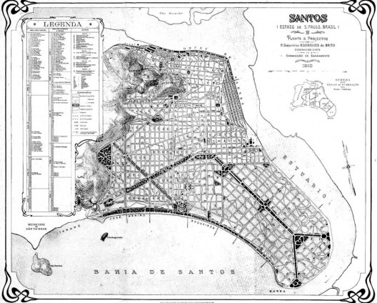 Plano Urbano elaborado por Saturnino de Brito para a cidade de Santos em 1910 com enfoque sanitarista