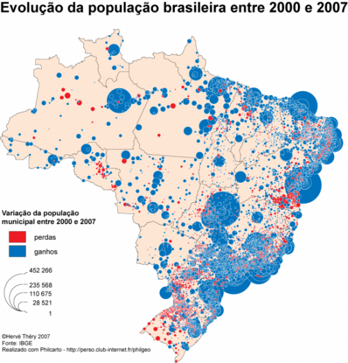 Mapa da evolução da população no Brasil entre 2000 e 2007