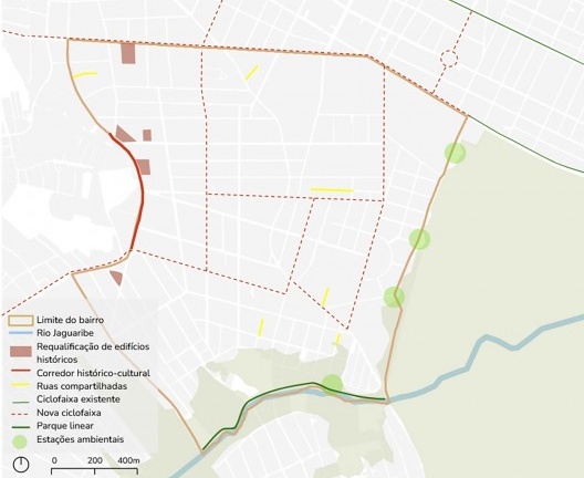 Mapa com os três eixos principais de atuação no bairro