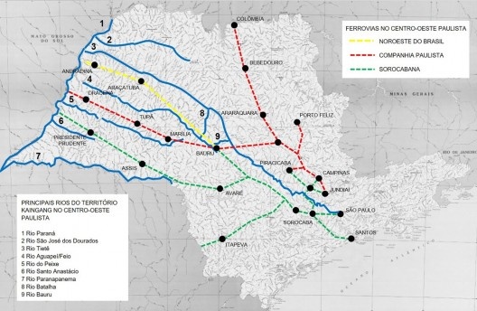 Mapa com principais rios do território Kaingang e ferrovias no Centro-Oeste paulista