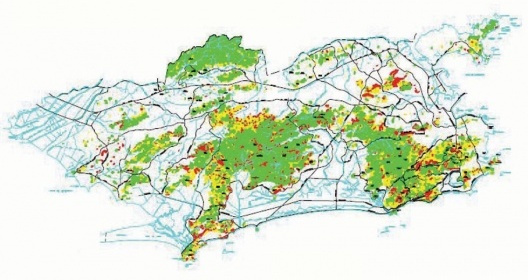 Figura 1. Cartografia de Riscos Quantitativos a Escorregamentos em Setores de Assentamento Precário na Cidade do Rio de Janeiro. As cores verde, amarelo e vermelho representam respectivamente suscetibilidades baixa, média e alta de escorregamento