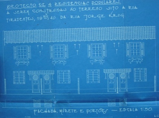 Vista do projeto das residências da Vila Itapura, fachada principal do sobrado com 4 residências voltadas para a rua Jorge Kruk, 1937, Campinas