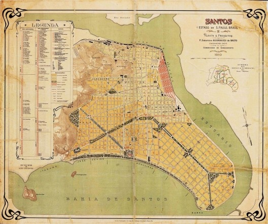 Mapa do projeto de Saturnino de Brito para Santos em escala 1:10.000, 1910
