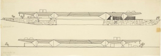 Hangar do Santa Paula Yacht Club, Interlagos, São Paulo, 1961. Arquitetos João Batista Artigas e Carlos Cascaldi. Elevação realizada pelo arquiteto para uma exposição em 1982