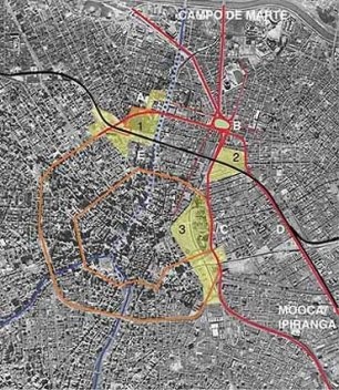 Articulação dos espaços centrais: perimetral e tangente: 1. Luz: intermodalidade metropolitana, centralidade cultural e vazio ferroviário; 2. Pari: vazio ferroviário e extensão natural do centro; 3.Parque Pedro II: pólo administrativo, retomada do signifi