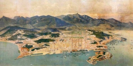 Panorama da cidade do Rio de Janeiro em 1860, Emil Bauch. Litografia, 71,9 x 242 cm