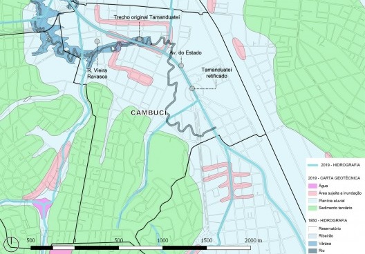 Mapeamento geomorfológico do Bairro do Cambuci, com rio Tamanduateí e planícies inundáveis