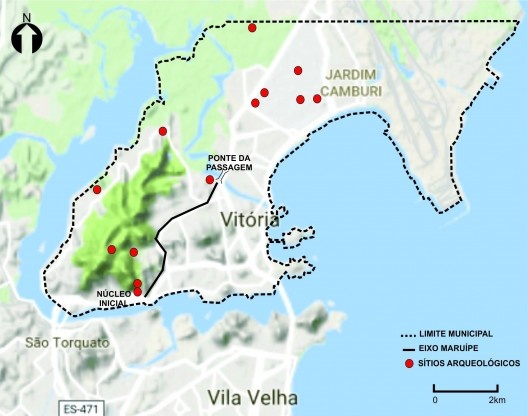 Mapa do município de Vitória, com identificação do Eixo Maruípe e da localização de sítios arqueológicos