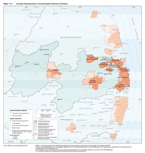 Mapa de Arranjos populacionais e Concentrações Urbanas na Paraíba