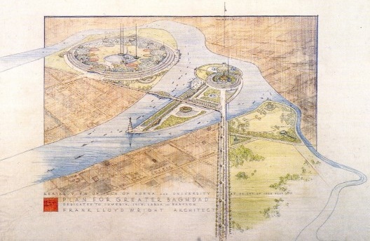 Perspectiva aérea do Plano para a Grande Bagdá, projetado por Wright em 1957-58, com o campus universitário circular, Ópera, monumento a Harun al-Rashid, Jardim Botânico e a Esplanada Rei Faisal que liga a Ópera ao centro histórico da cidade