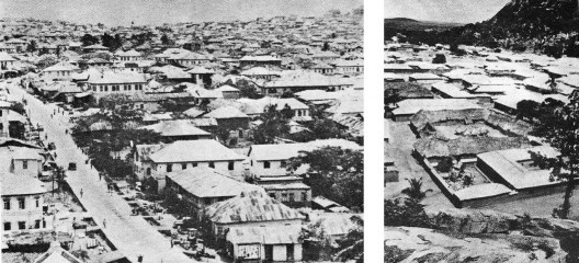 À esquerda a cidade de Ibadan impactada pelos sobrados; e a direita a cidade de Egbeti com as construções tradicionais dos compounds. Western Nigeria Information Service