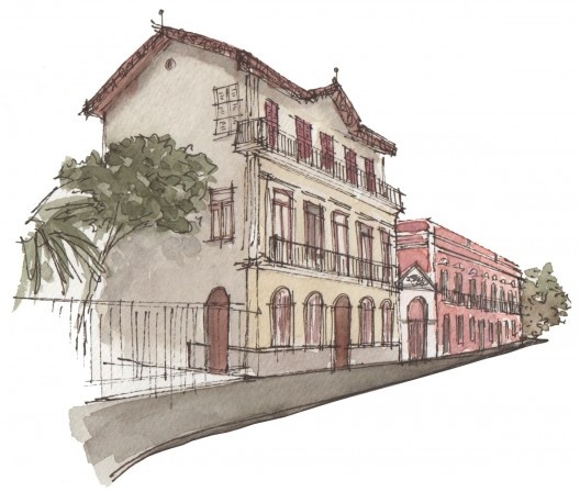 À esquerda, Casa Número Um. Ao centro, Beco do Pinto. À direita, Solar da Marquesa de Santos