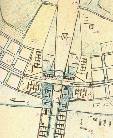 Pormenor de desenho do Plano Piloto no qual se vê a posição inicial da torre de televisão apontando para a Esplanada dos Ministérios